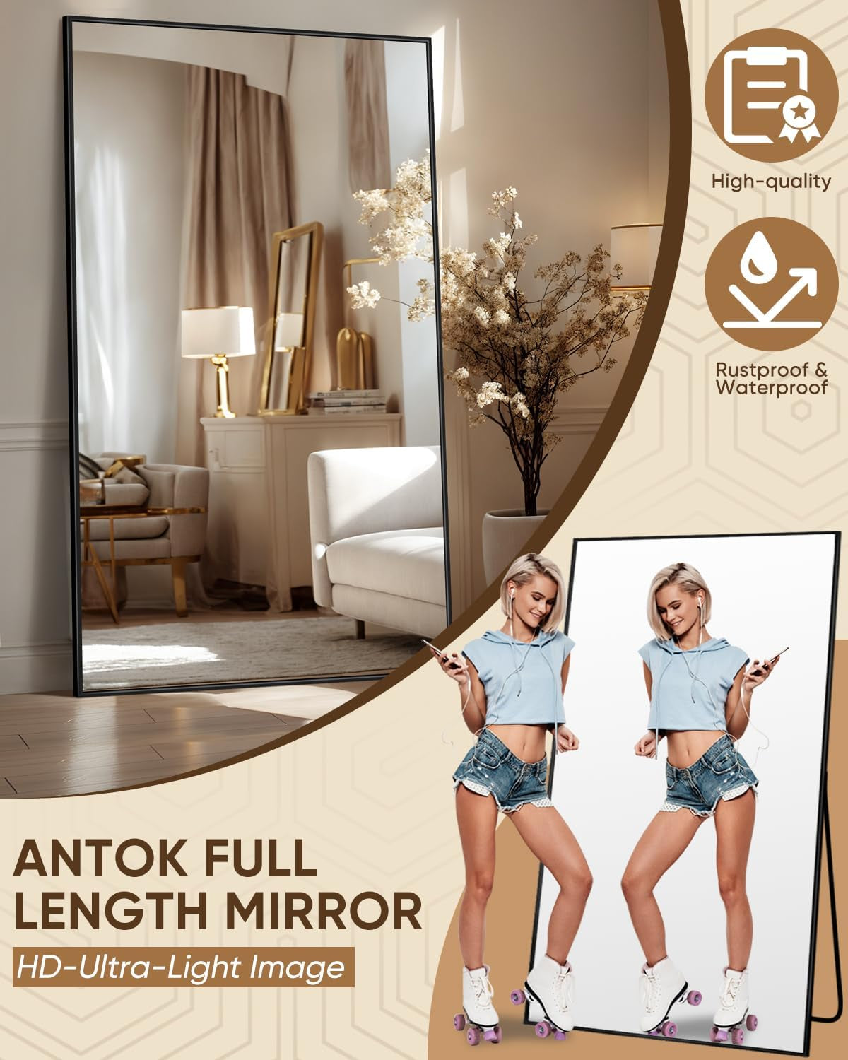 72x44 Inches Full Length Floor Mirror Freestanding Frame-3
