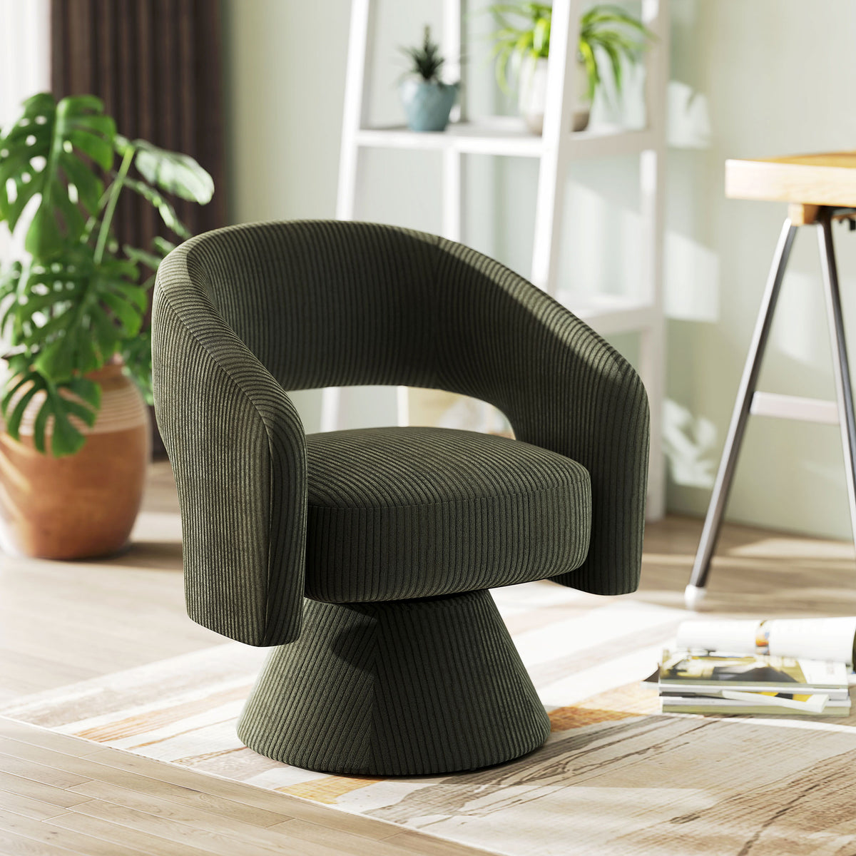 Green Upholstered Swivel Barrel Chair