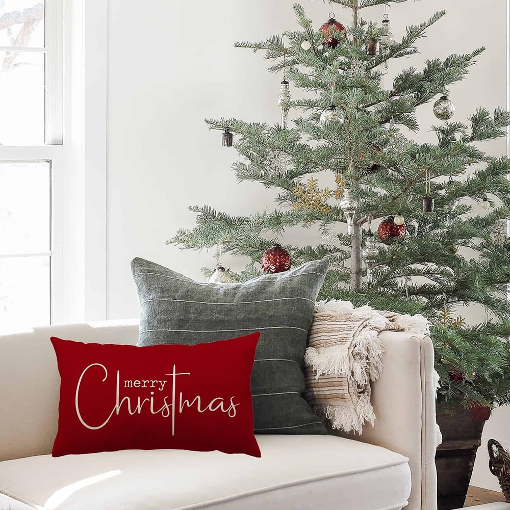 Merry Christmas Lumbar Pillow Cover – Red, 12″ × 20″