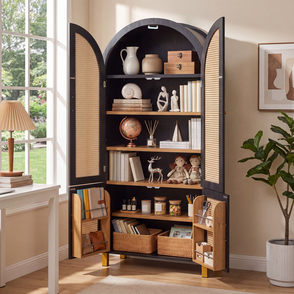 71" Black Arched Rattan Storage Cabinet