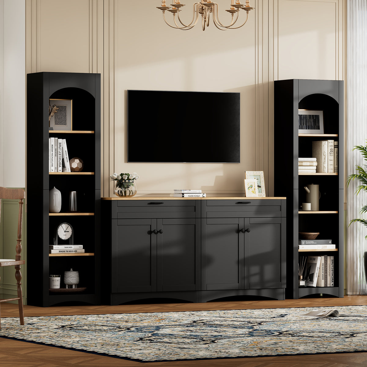3-Piece Farmhouse Entertainment Center – Black – Black