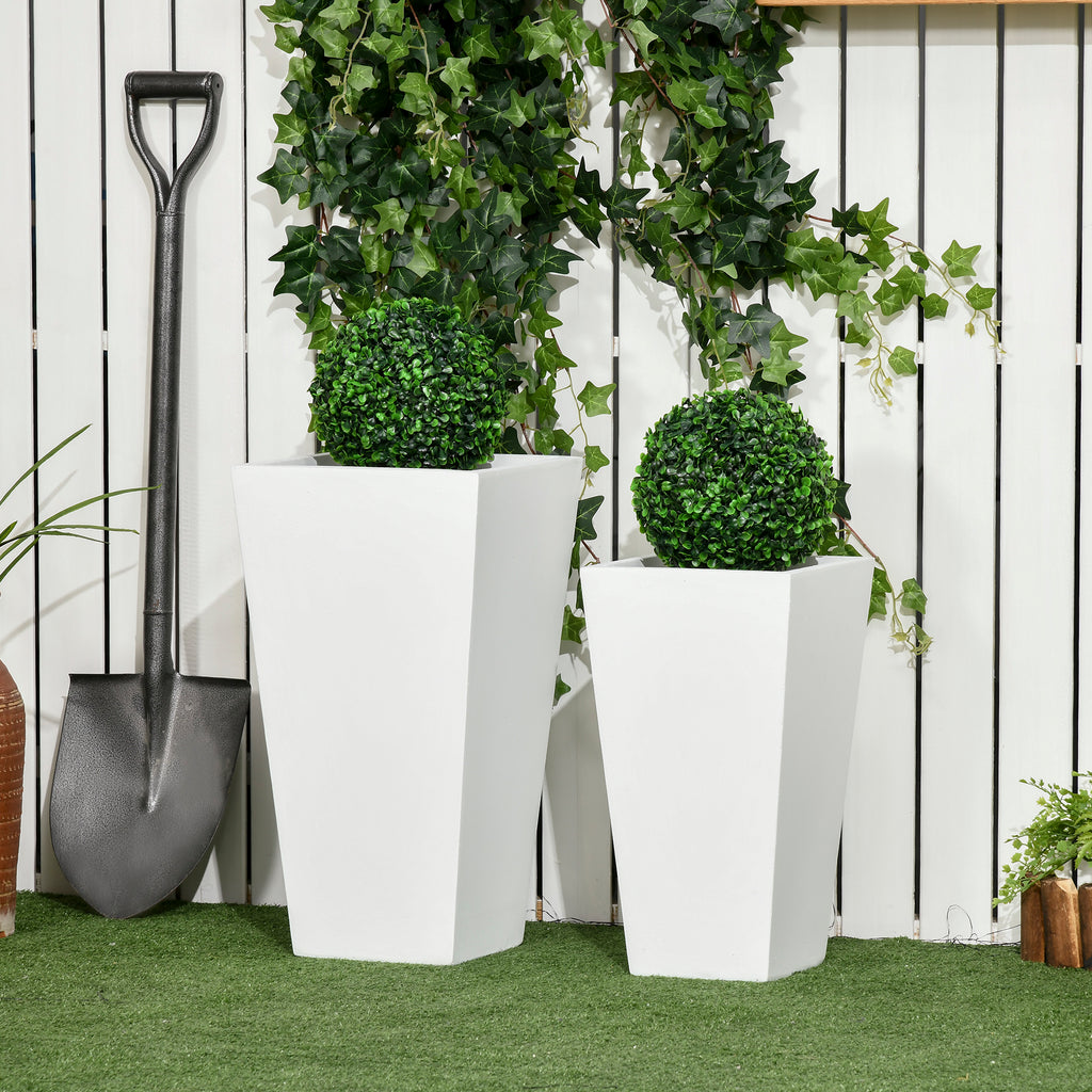 Set of 2 Tall Outdoor Planters with Drainage – White – White