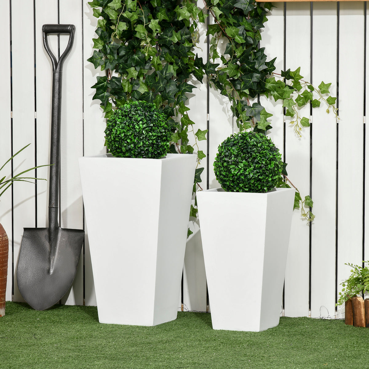 Set of 2 Tall Outdoor Planters with Drainage – White – White