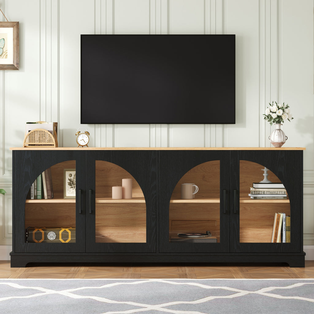 Farmhouse TV Stand with Arched Glass Doors – Black & Natural