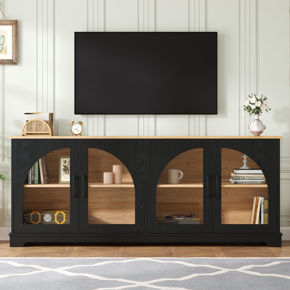 Farmhouse TV Stand with Arched Glass Doors – Black & Natural