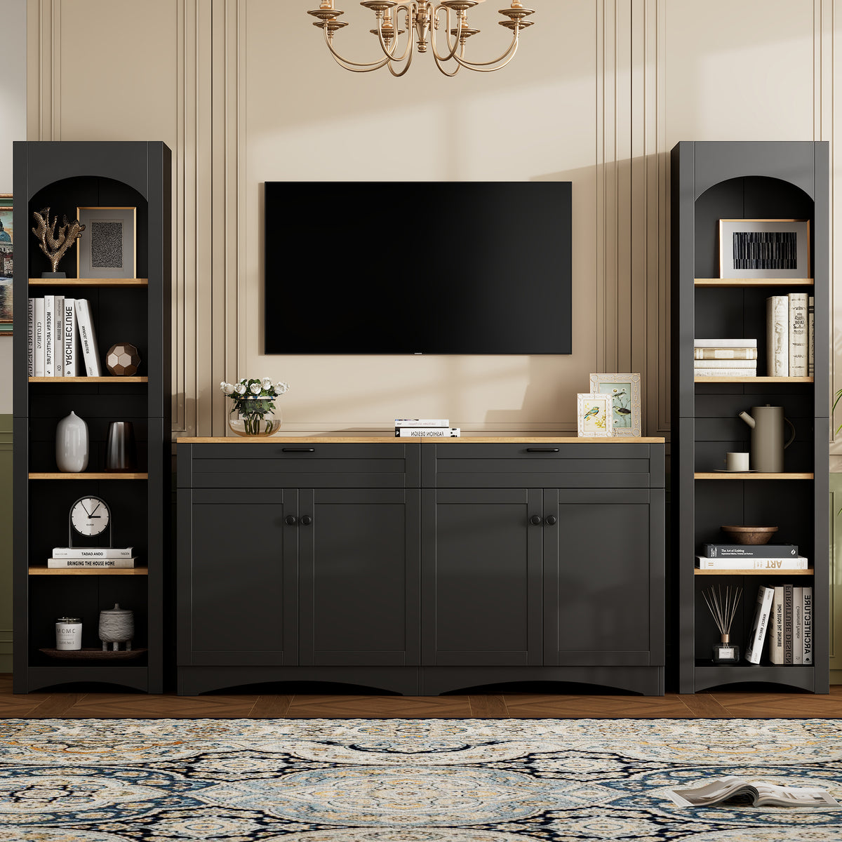 3-Piece Farmhouse Entertainment Center – Black