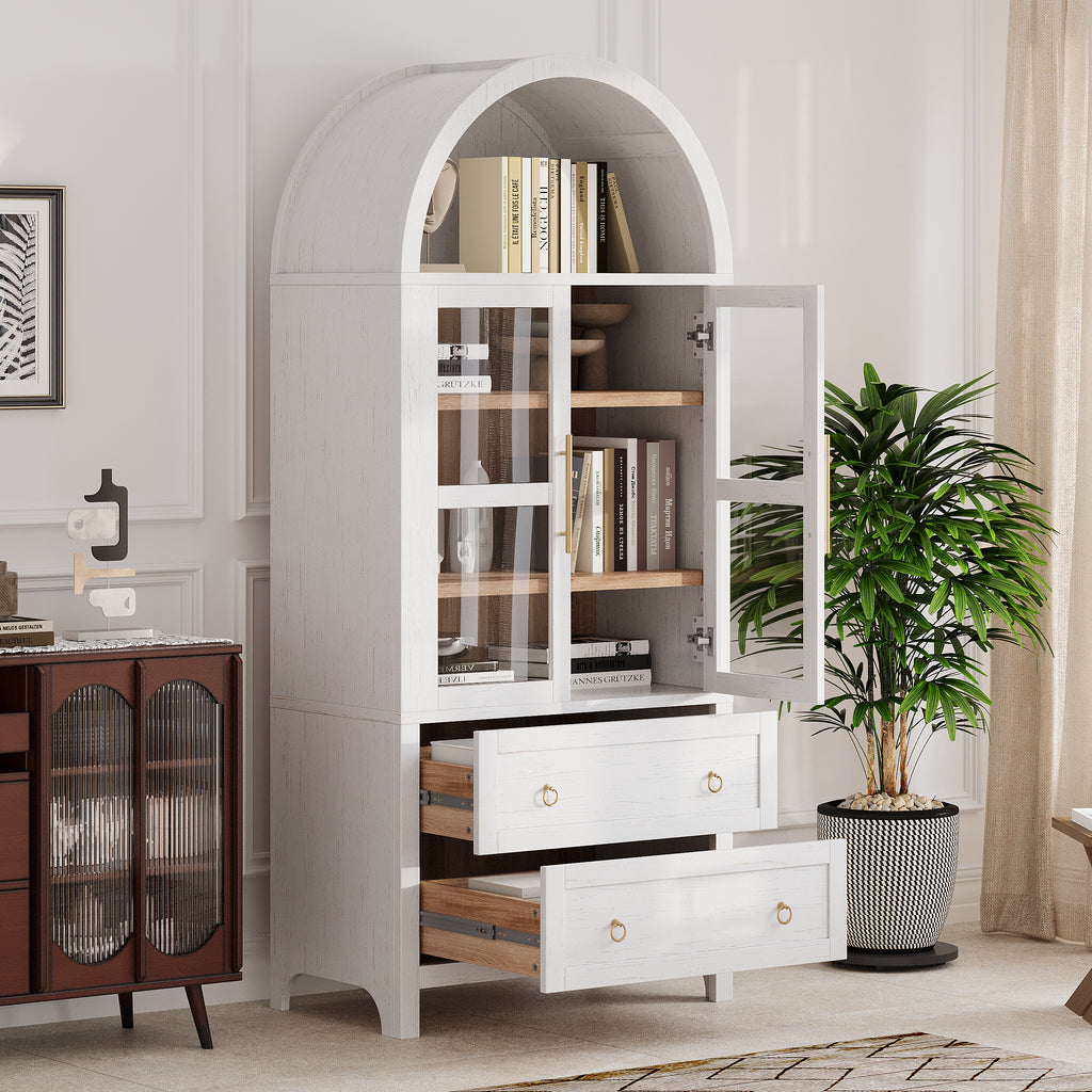 71" White Arched Pantry Cabinet with Glass Doors