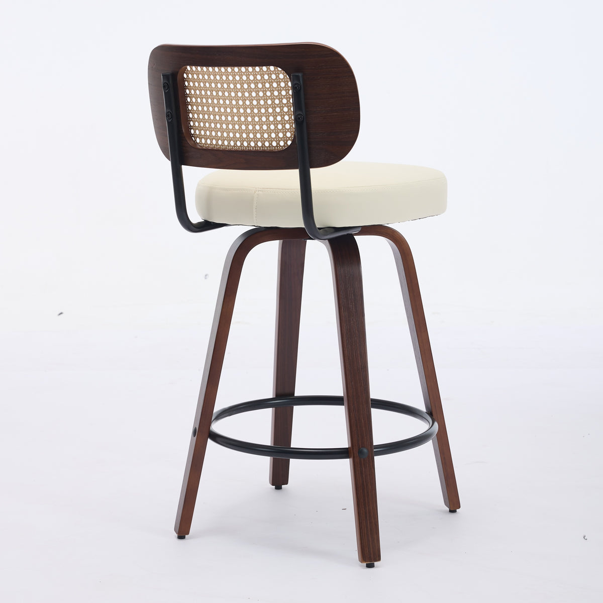 Set of 3 Rattan Swivel Counter Stools – Walnut & Beige