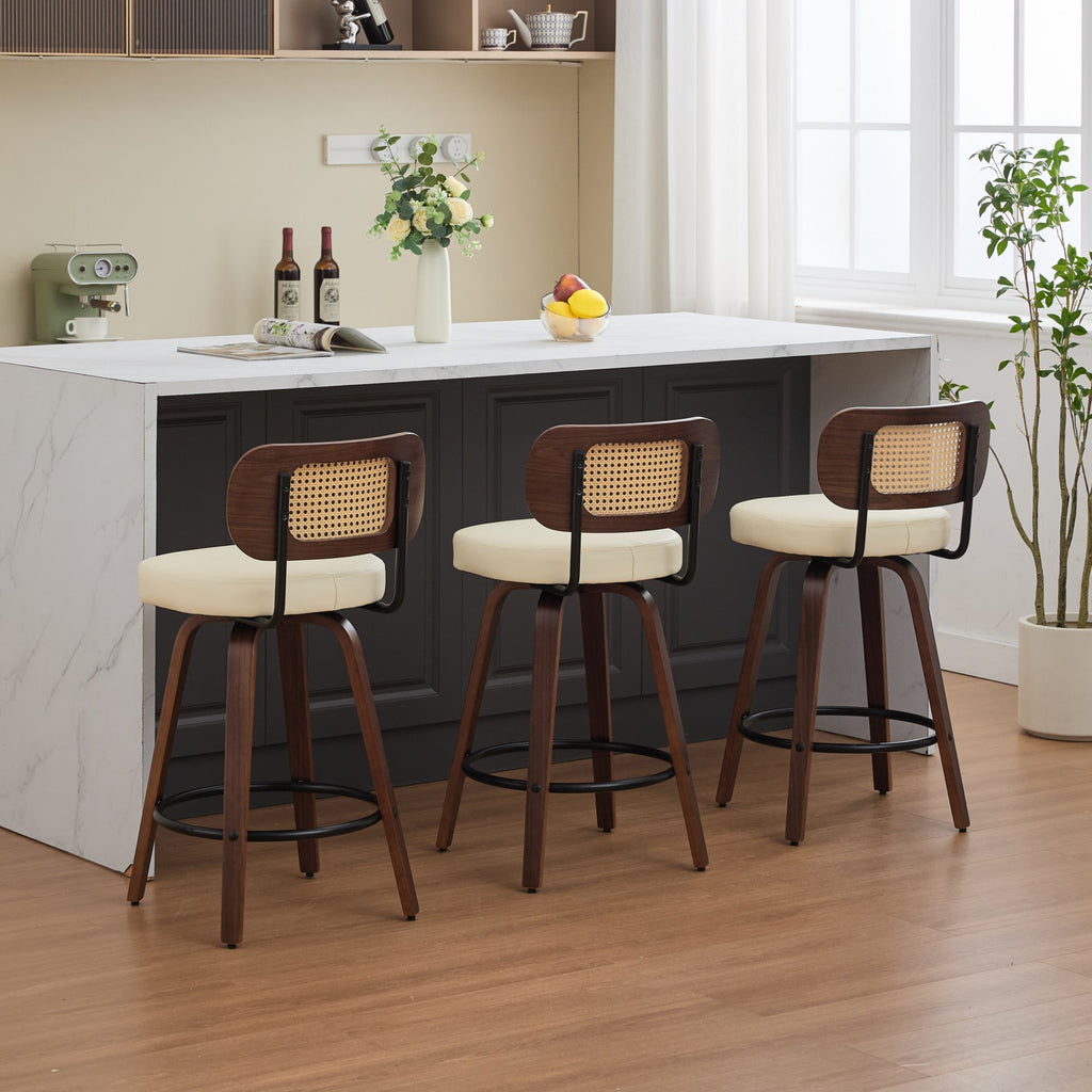 Set of 3 Rattan Swivel Counter Stools – Walnut & Beige – Beige