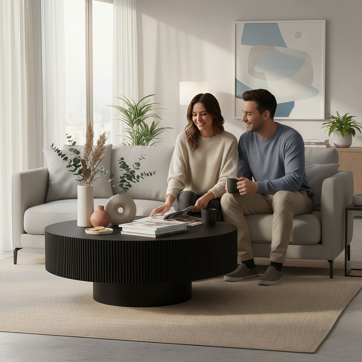 Round Fluted Pedestal Coffee Table – Black