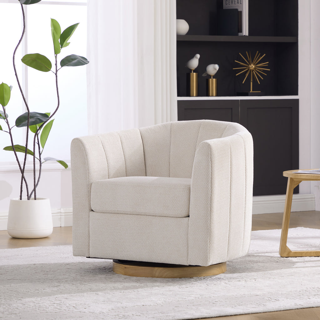 31" Beige Chenille Swivel Barrel Chair
