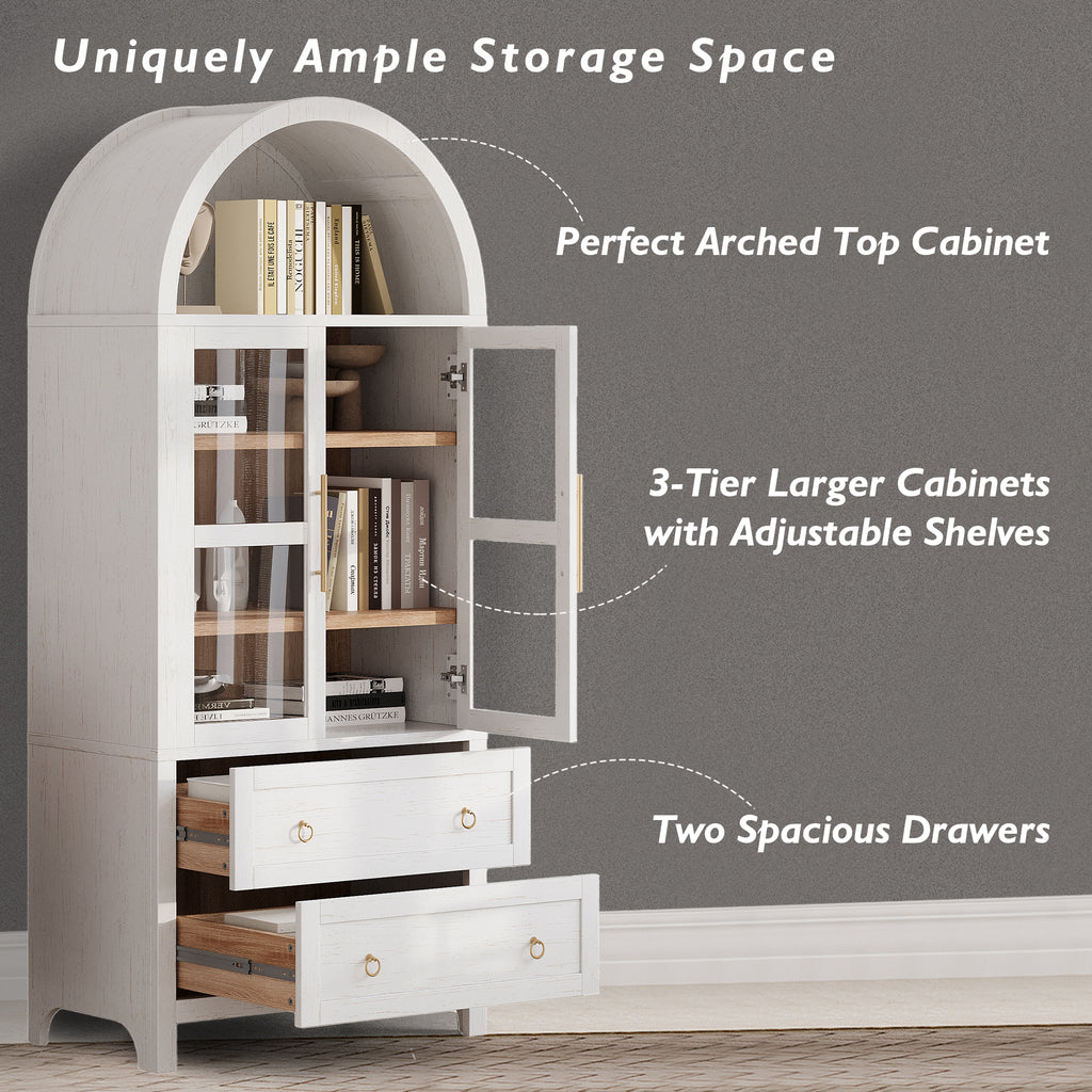 71" White Arched Pantry Cabinet with Glass Doors