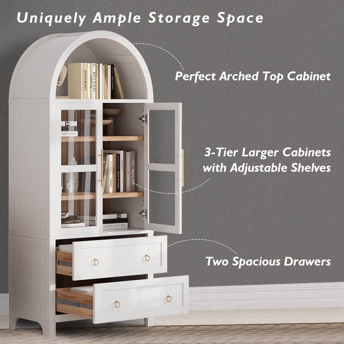 71" White Arched Pantry Cabinet with Glass Doors
