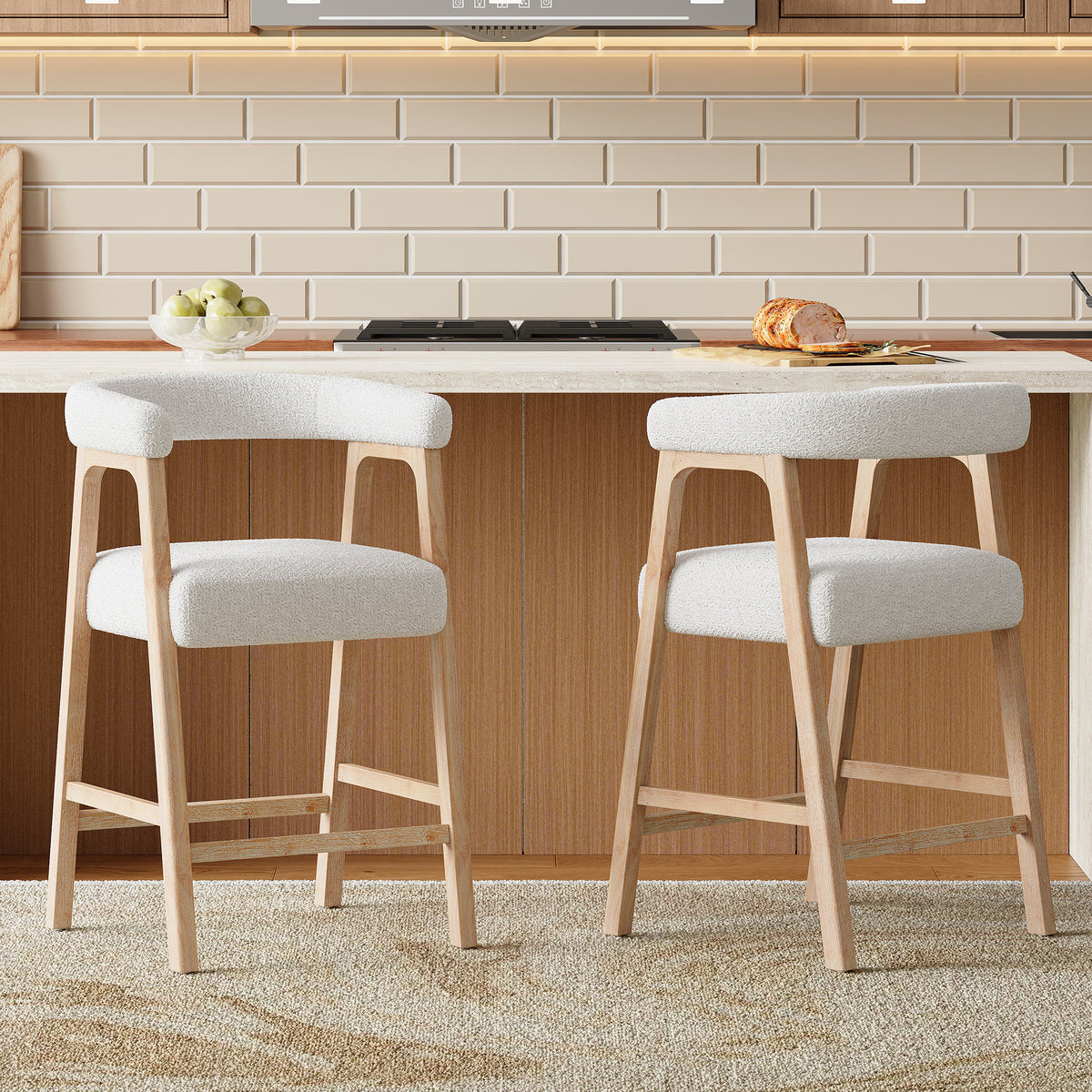Set of 2 Upholstered Counter Stools – Natural, 26″ Seat Height – Natural