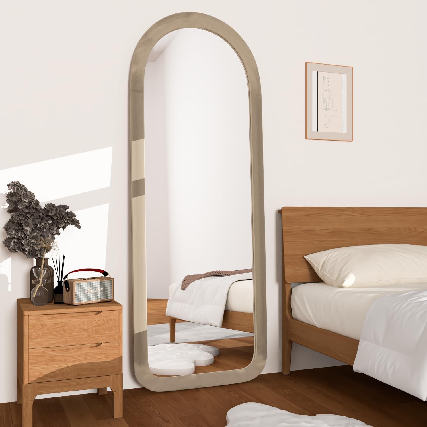 56x20 Arched Frame FullLength Floor Mirror Milk Tea-2
