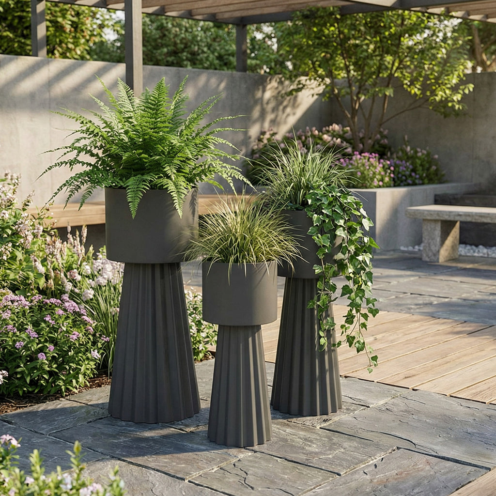 Set of 3 Metal Planters with Stands – Dark Gray