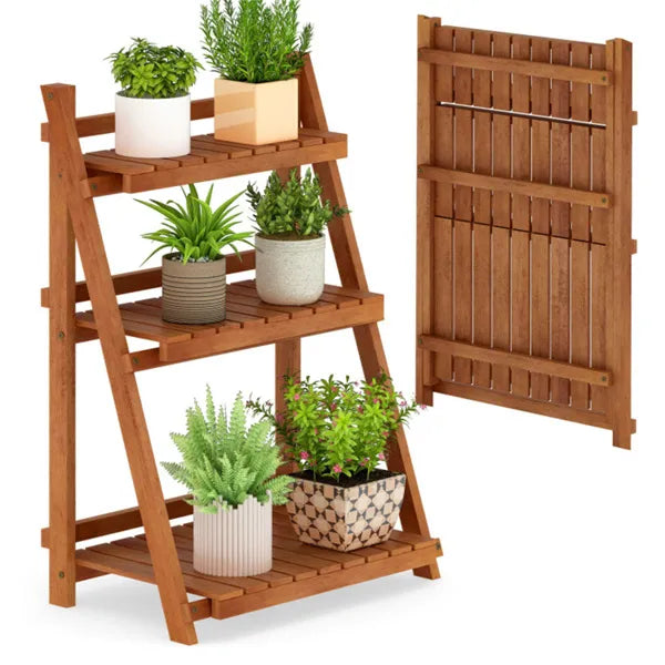 Foldable Acacia Wood 3-Tier Ladder Plant Stand