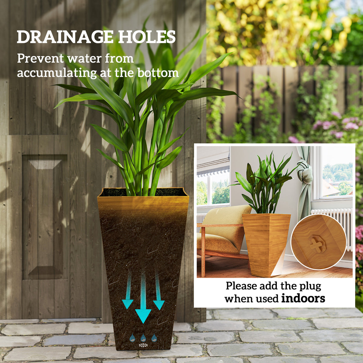 Set of 3 Tall Faux-Wood Planters – Light Brown, 28″