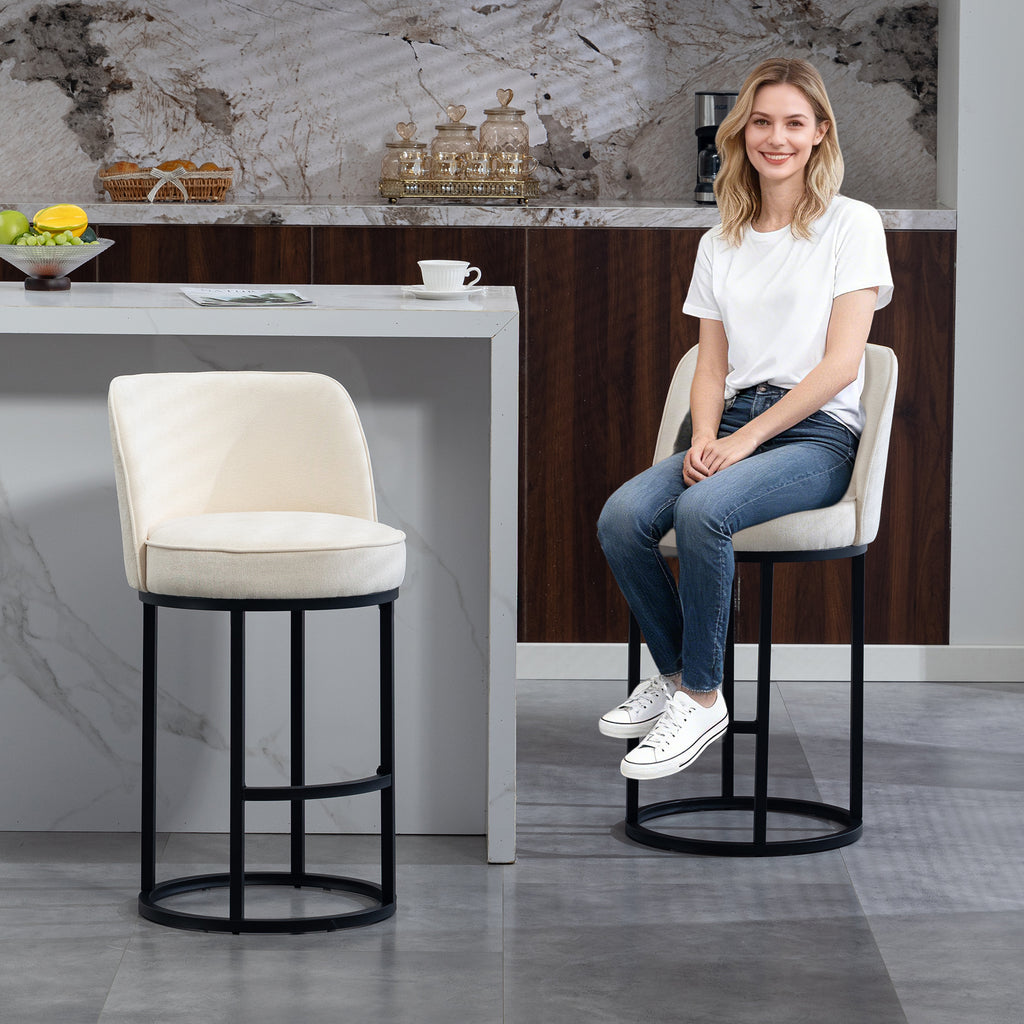 Set of 2 Barrel-Back Linen Counter Stools – Beige