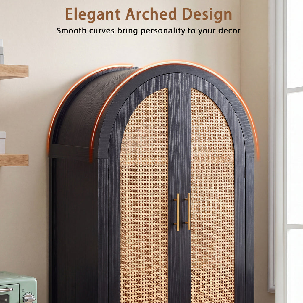 71" Black Arched Rattan Storage Cabinet