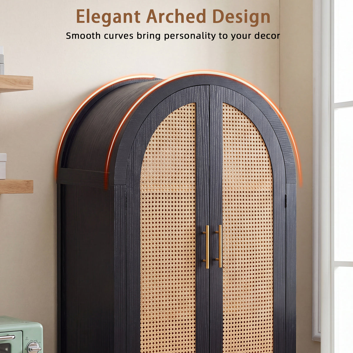 71" Black Arched Rattan Storage Cabinet