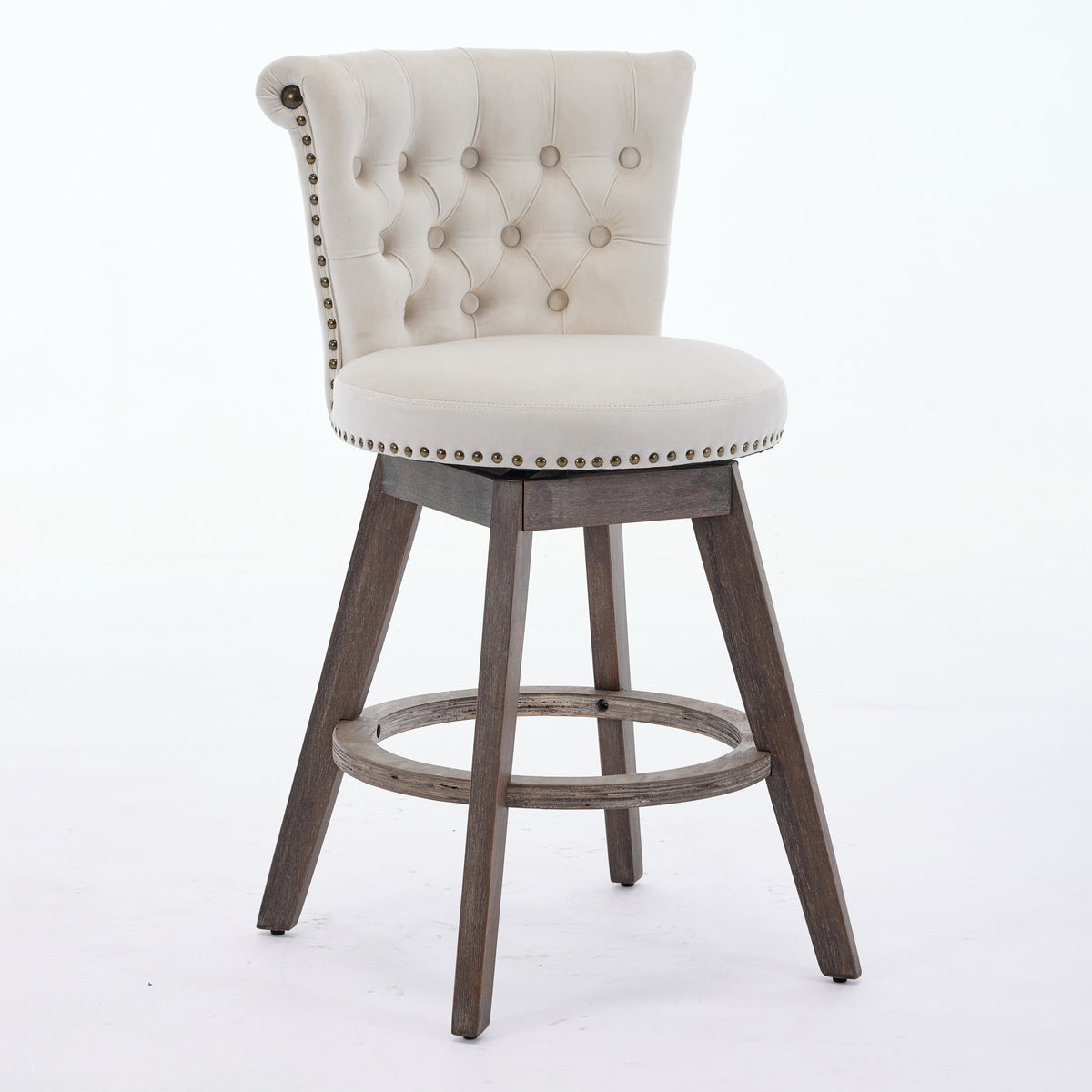Set of 2 Tufted Velvet Swivel Counter Stools – Beige