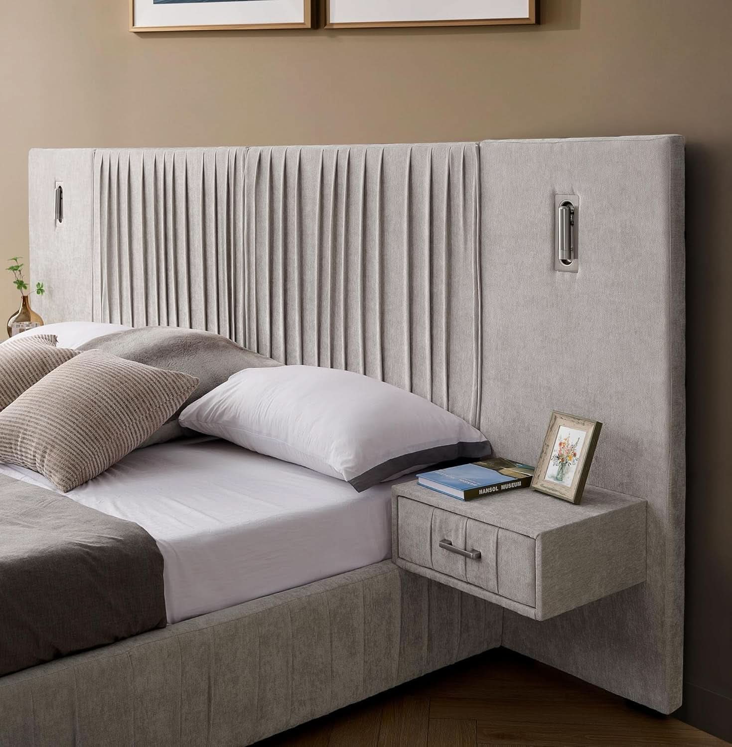 Queen Size Chenille Beige Upholstered Bedframe Night stands-4