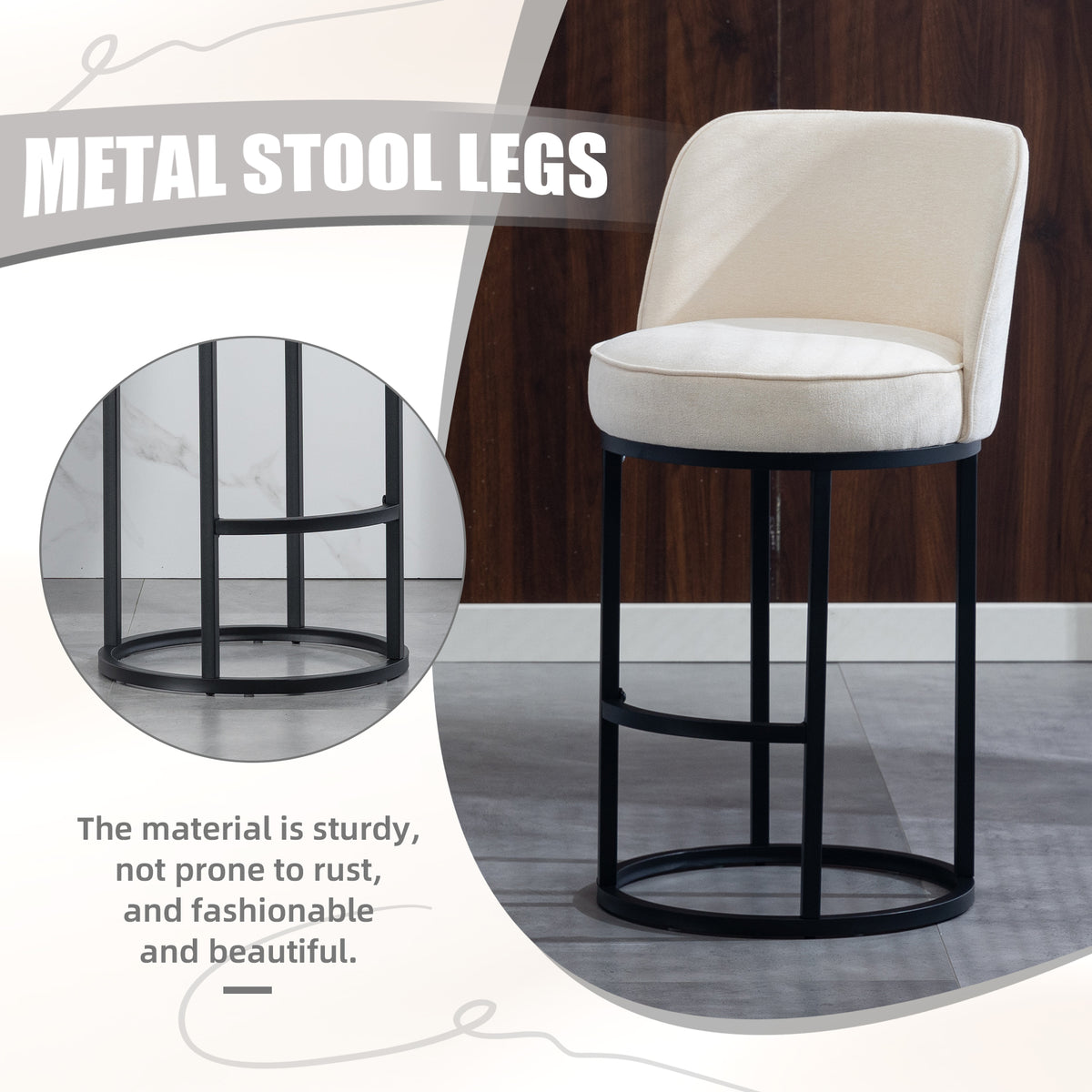 Set of 2 Barrel-Back Linen Counter Stools – Beige