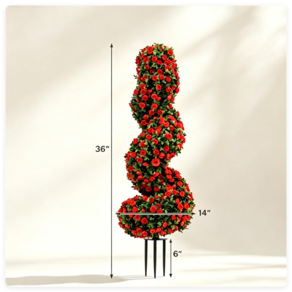 Set of 2 Artificial Spiral Flower Topiaries – Red