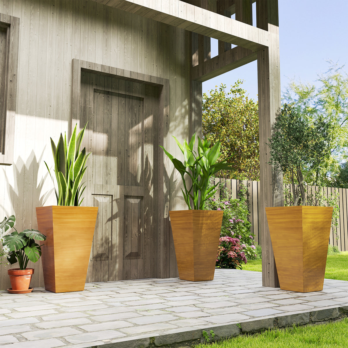 Set of 3 Tall Faux-Wood Planters – Light Brown, 28″ – Brown
