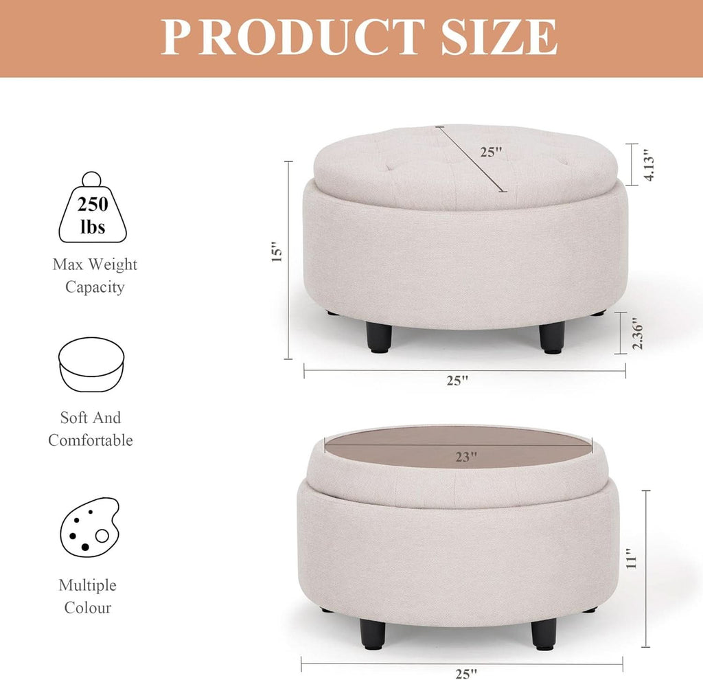 Beige Polyester Circular Storage Ottoman With Tray-1