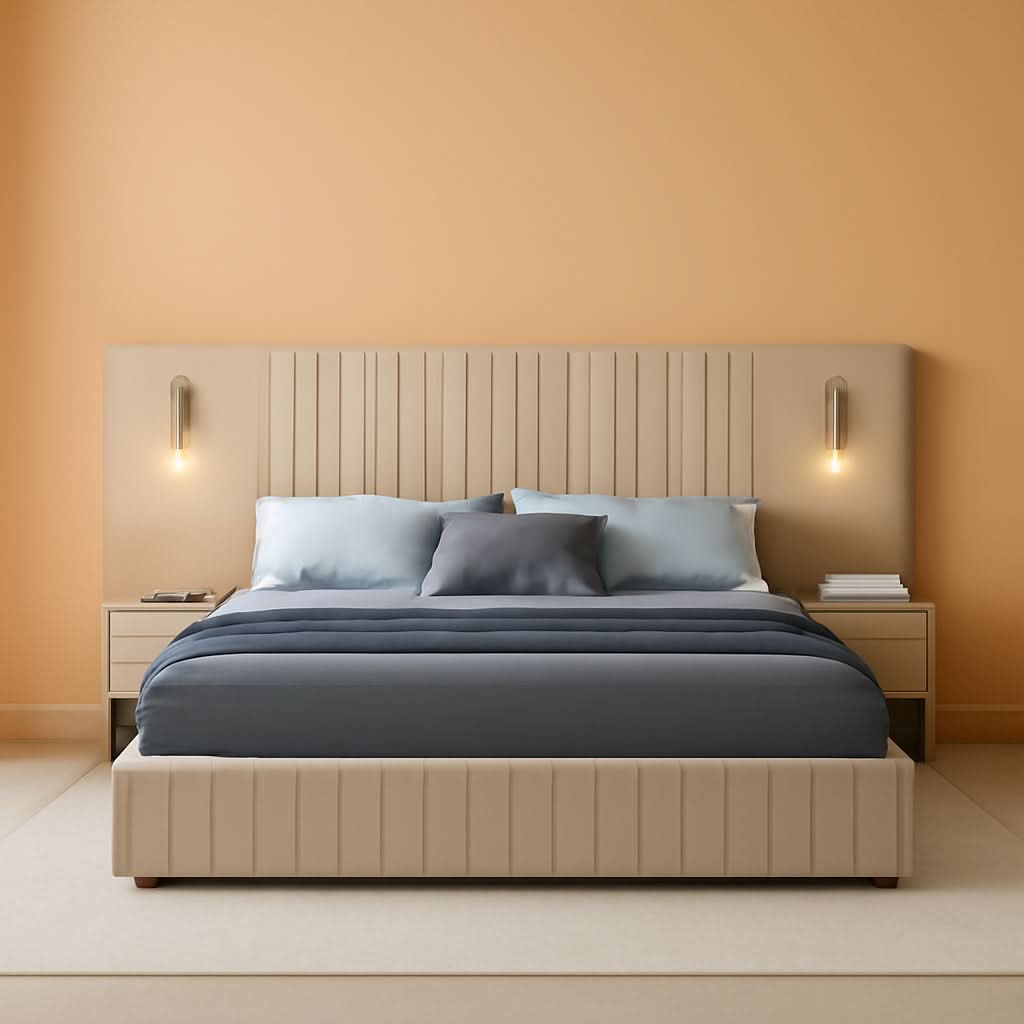 Queen Size Chenille Beige Upholstered Bedframe Night stands-0