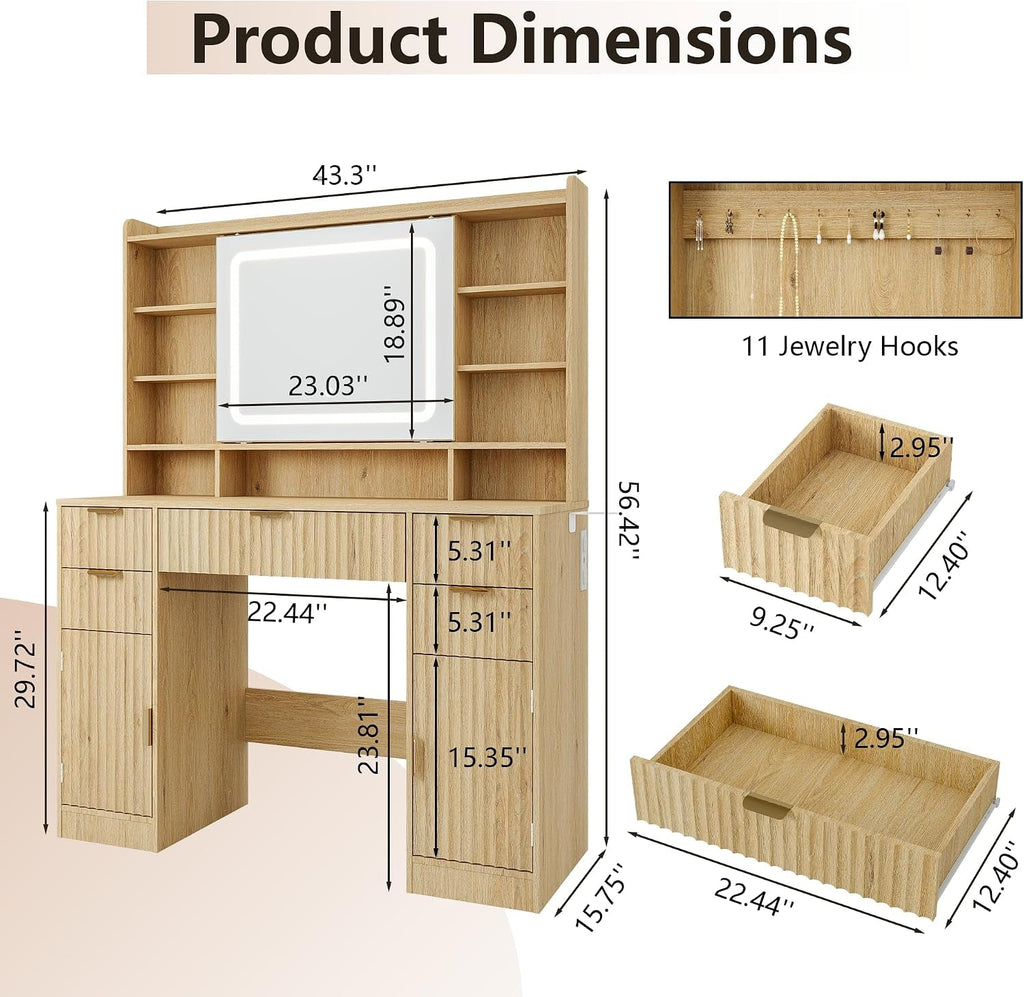 43.3 Inch Fluted Vanity Desk Solid Oak Finish With LED