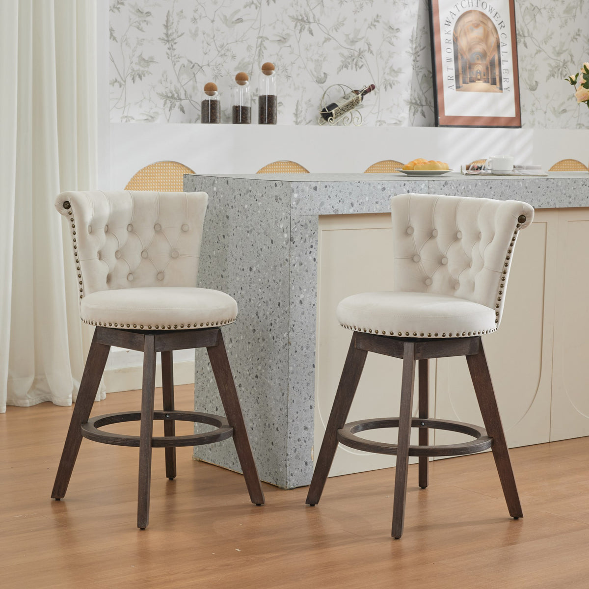 Set of 2 Tufted Velvet Swivel Counter Stools – Beige