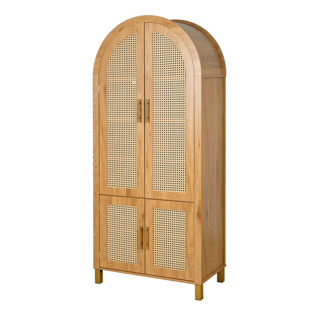 71" Oak Arched Rattan Storage Cabinet