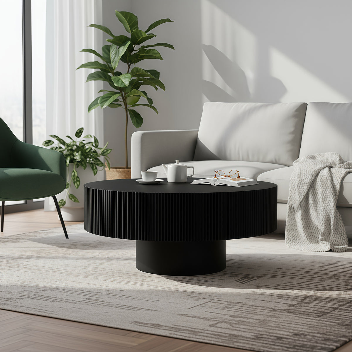 Round Fluted Pedestal Coffee Table – Black – Black