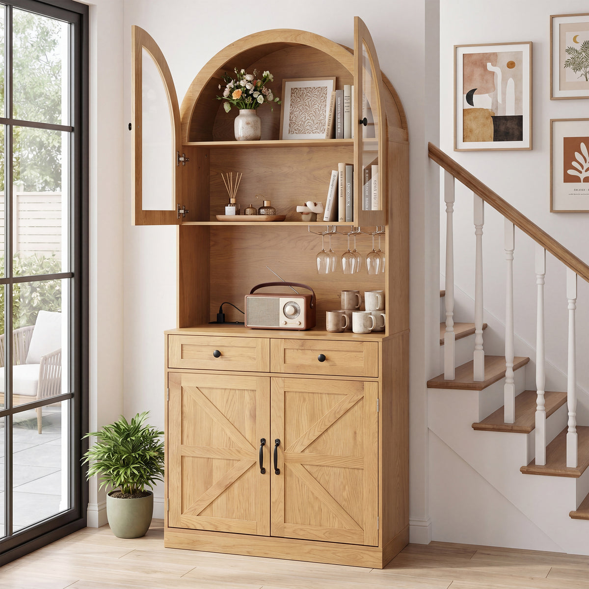 75" Oak Arched Pantry Cabinet with Charging Station