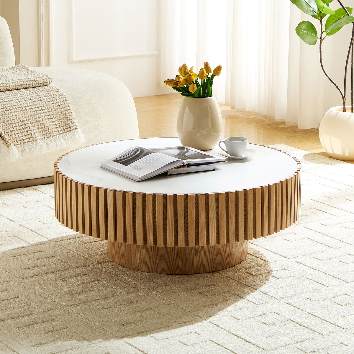 Nesting Sintered Stone Drum Coffee Tables – Oak – Oak