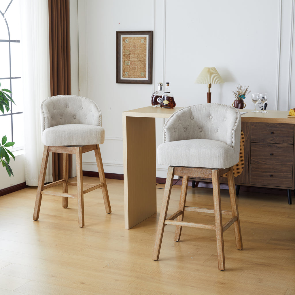 Set of 2 Upholstered Wood Swivel Counter Stools – Natural Beige