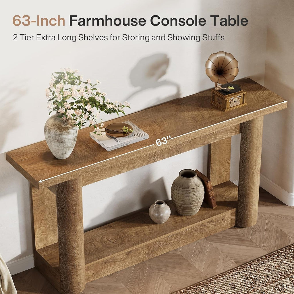 63-Inch Farmhouse Console Table, 2-Tier Storage Sofa Table behind the Couch-3