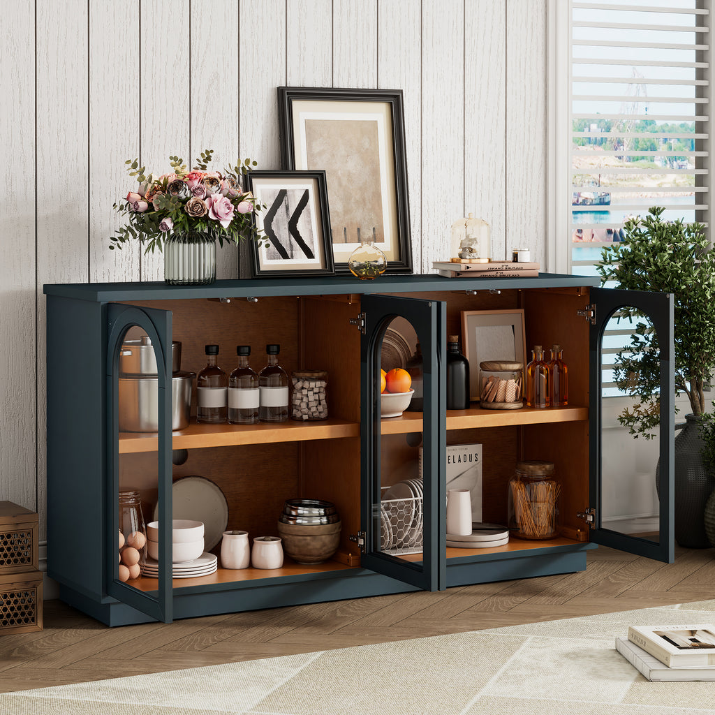 Navy Arched 4-Door Glass Buffet Cabinet