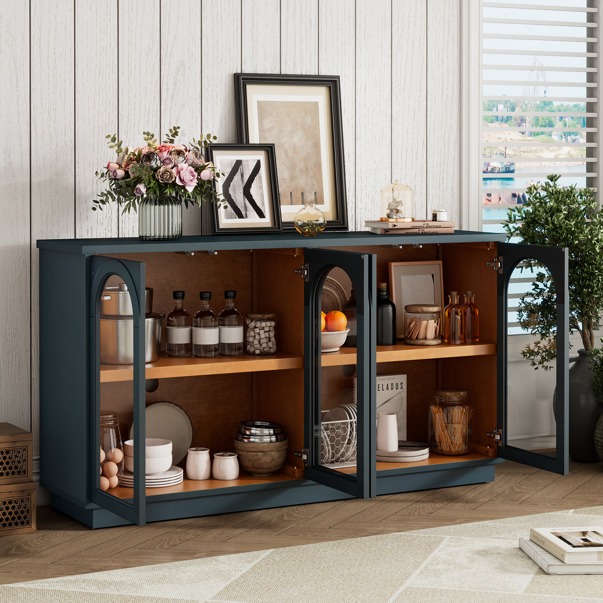Navy Arched 4-Door Glass Buffet Cabinet