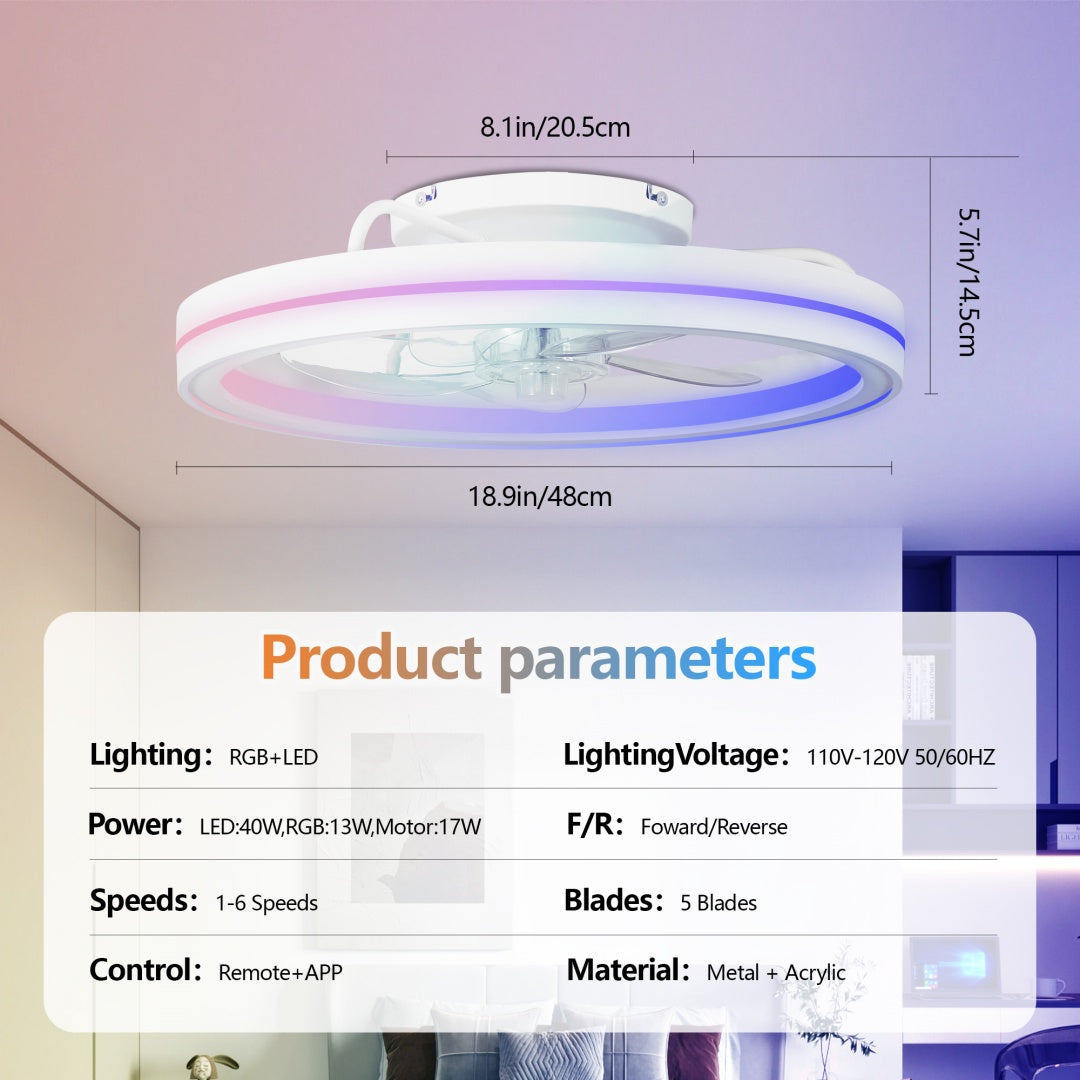 19" Smart RGB LED Low-Profile Ceiling Fan