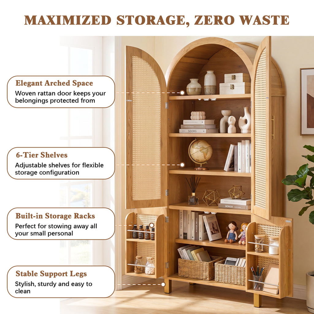 71" Oak Arched Rattan Storage Cabinet