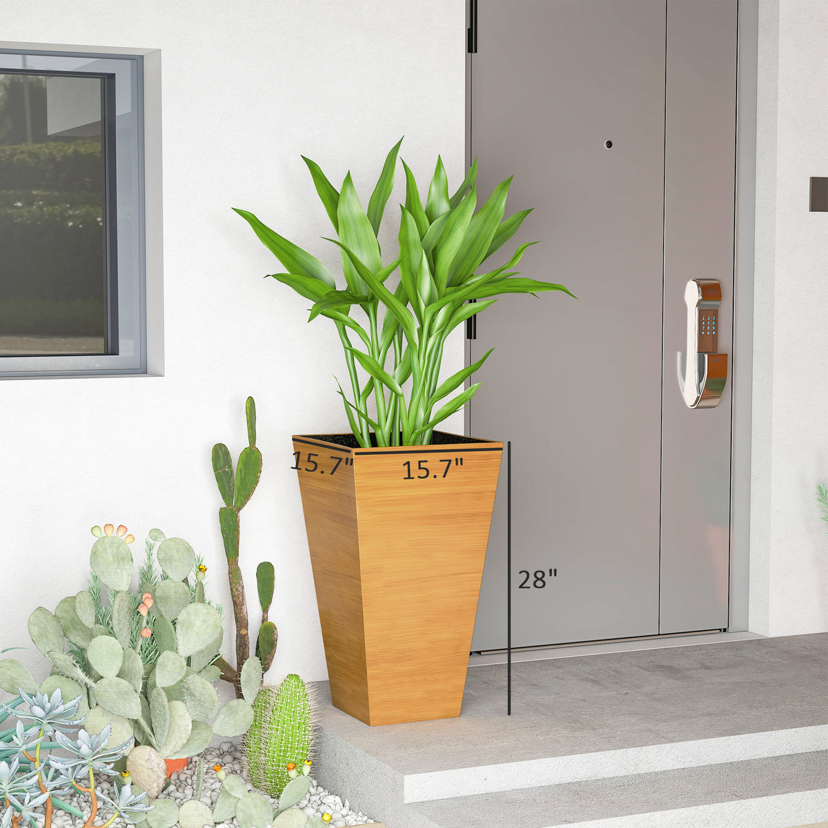 Set of 3 Tall Faux-Wood Planters – Light Brown, 28″