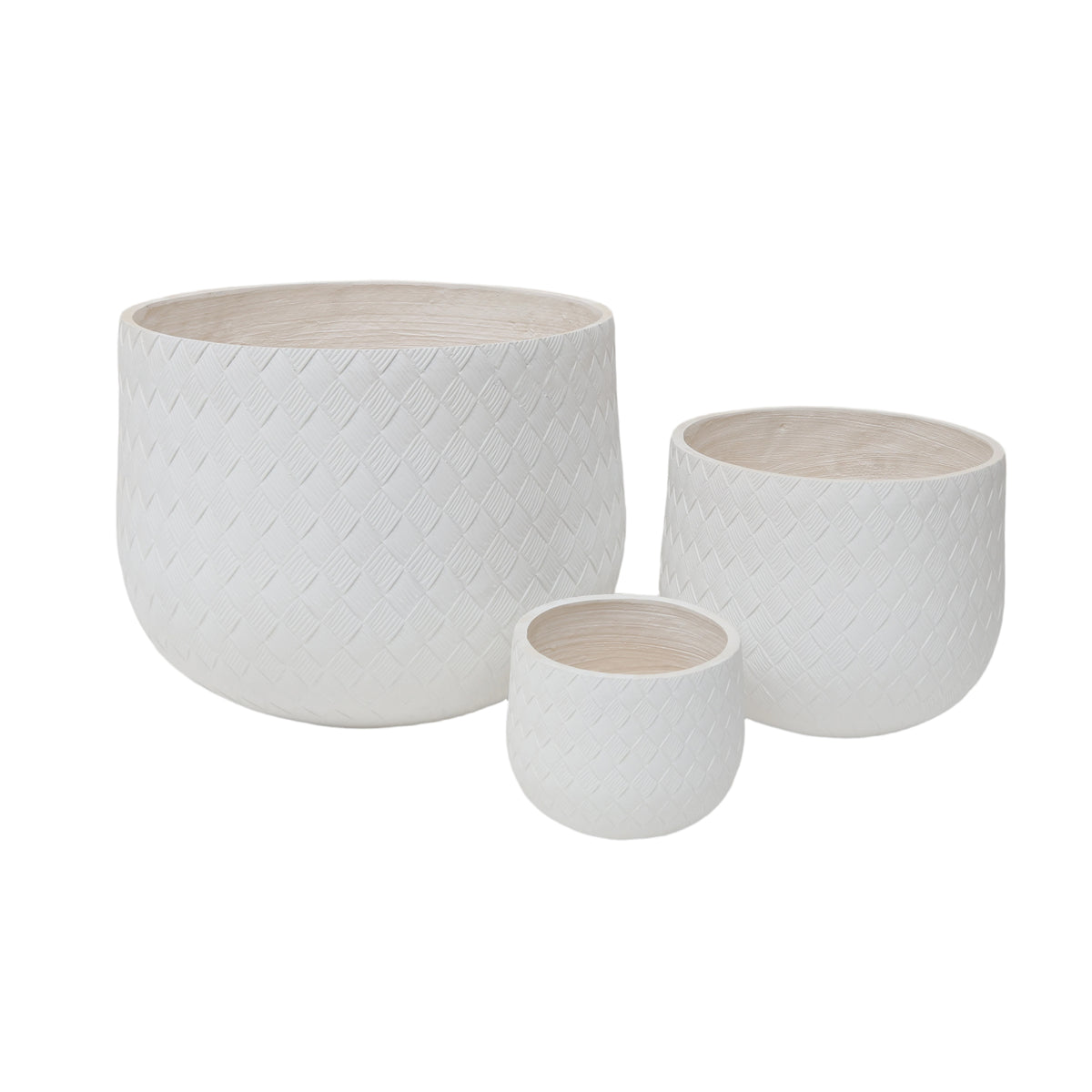 Set of 3 Woven-Texture Round Planters – White
