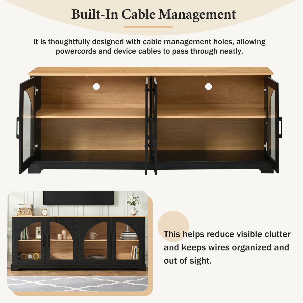Farmhouse TV Stand with Arched Glass Doors – Black & Natural