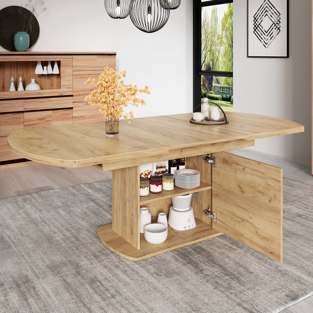 Extendable Oak Oval Dining Table with Storage