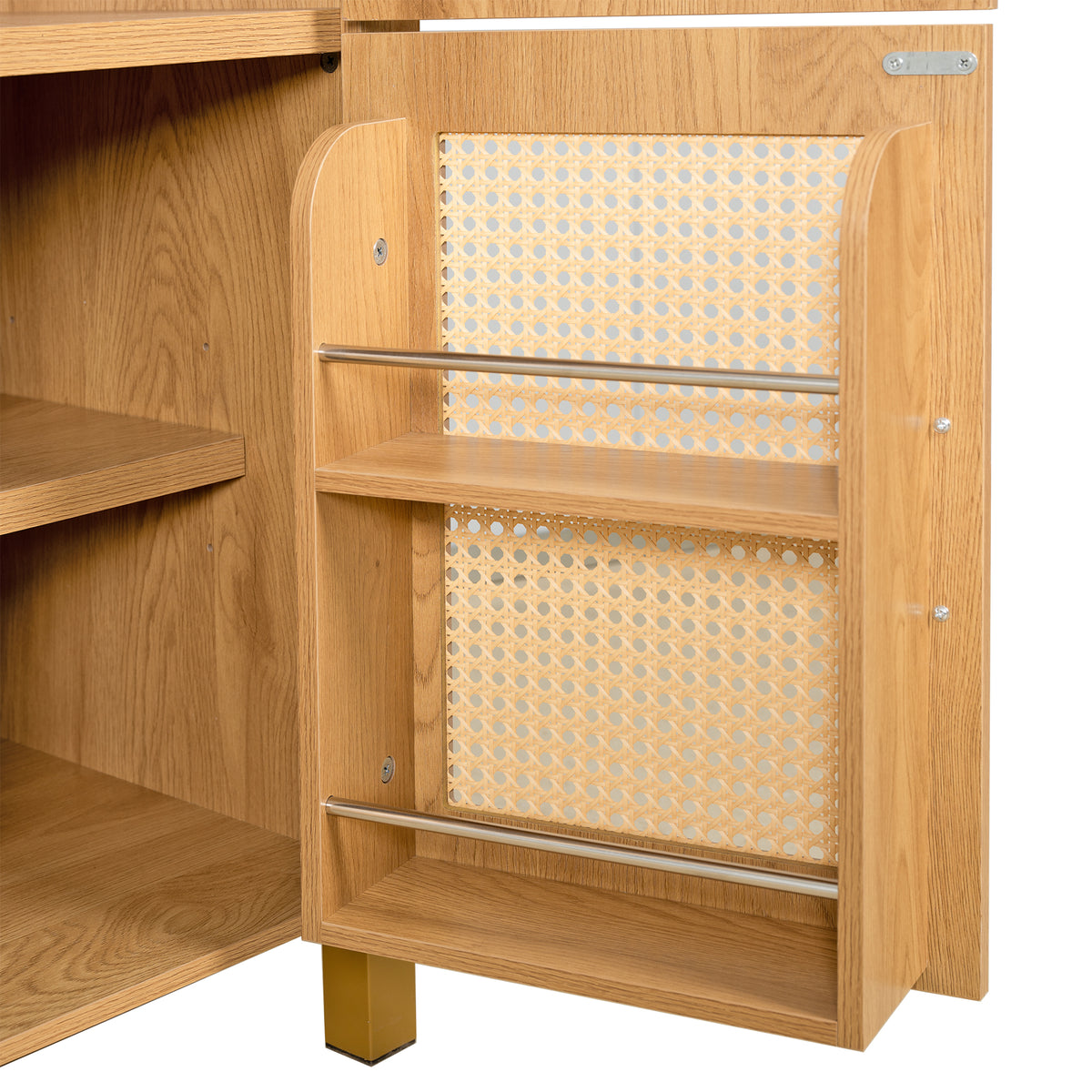 71" Oak Arched Rattan Storage Cabinet