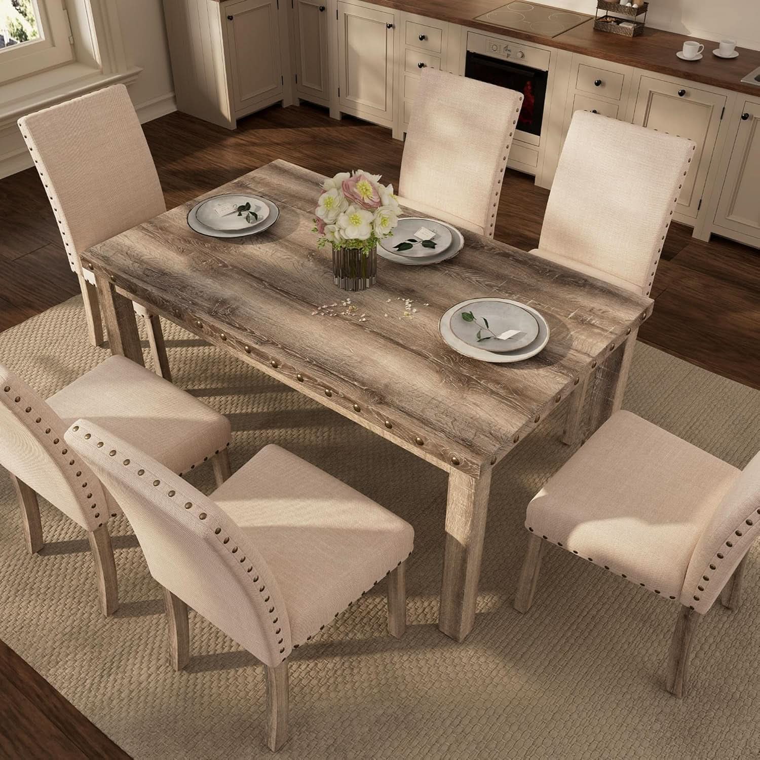 Rustic Dining Table Set Six NailheadAccents Chairs-4